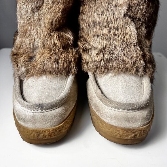 COACH Maryann Tan Suede & Rabbit Fur Beaded Platform Boots with Pom Pom 7.5 - Picture 5 of 11